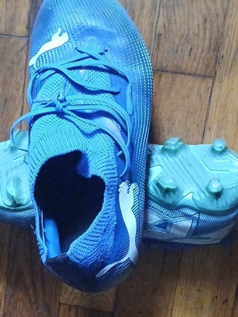 Puma Blue Knit Soccer Cleats with White Puma Logo